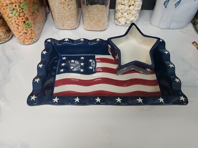 VTG Home Interiors 2002 American Flag Patriotic 2 Piece Chip & Dip Serving Set-image