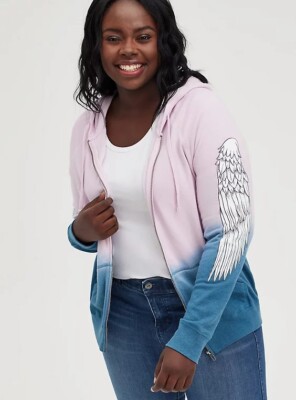 TORRID ONLINE EXCLUSIVE SIZE 0 ORCHID DIP DYE WINGS COZY FLEECE ZIP - UP HOODIE -image