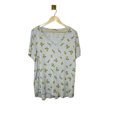 Dip Women’s Casual Relaxed Lemon Print V-Neck Tee in Grey/Yellow Size XL-image