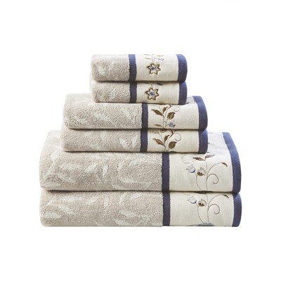 Madison Park 6-Piece Cotton Bath Towel Set 600 GSM Navy Floral Design-image