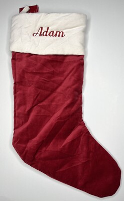 POTTERY BARN CLASSIC VELVET CHRISTMAS STOCKING *ADAM* RED IVORY NEW MEDIUM GIFT-image