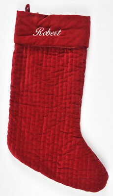 Pottery Barn Velvet Channel Large Quilted Christmas Stocking Red ROBERT Monogram-image