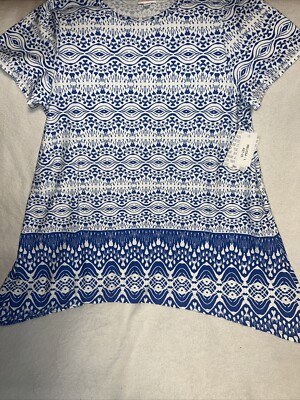 Lularoe Large Melissa White Blue Dip 🦄 Tunic  14/16 Shark Bite Full Tribal New-image