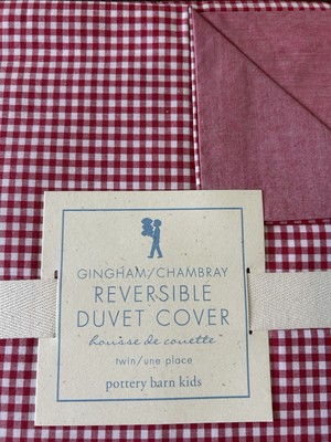 New POTTERY BARN KIDS Twin *Gingham/Chambray* Reversible Red/White DUVET Cover-image