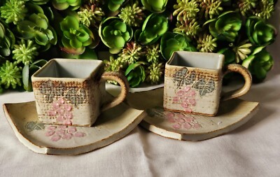2-Sets Studio Art Pottery stoneware pink & beige Demitasse Espresso Cup & saucer-image