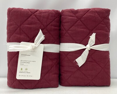 NEW Pottery Barn Belgian Flax Linen Diamond Quilted STANDARD Shams~Merlot~SET/2-image