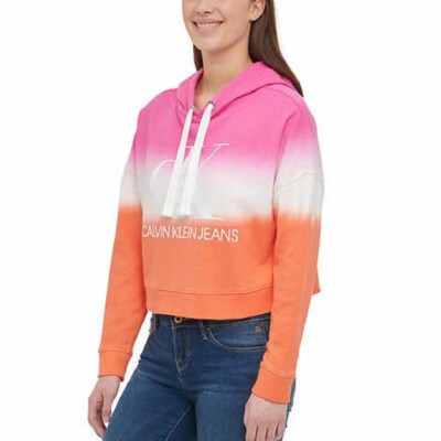 NEW Calvin Klein Jeans Ladies' Dip Dye Hoodie Logo Orange Pink Large L-image