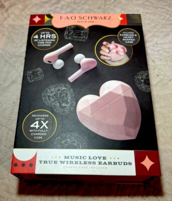 FAO Schwarz “Music Love” Pink Wireless EarBuds Earphone Heart Shaped Case - NEW-image