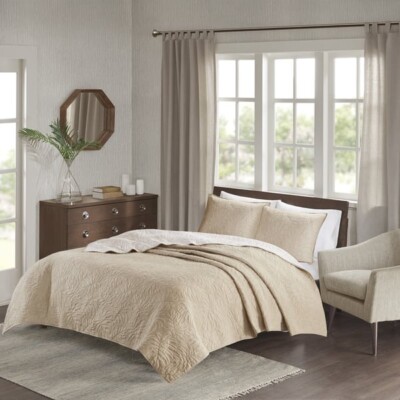 Madison Park Cambay Khaki Queen Reversible Quilted 3-piece Coverlet Set-image