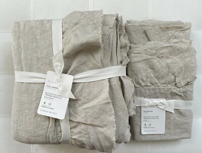 Pottery Barn BELGIAN FLAX LINEN FRINGE RUFFLE Duvet F/Q & 2 Std Shams Flax NWT-image
