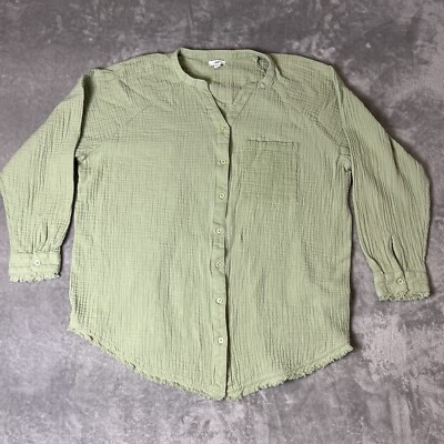 dip Shirt Women Large Sage Green Frayed Long Sleeve Button Up Oversize Lagenlook-image