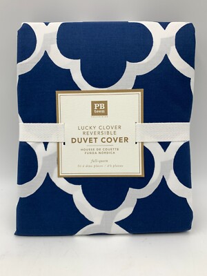 Pottery Barn Teen Lucky Clover Reversible Duvet Cover Navy Blue Full Queen H181A-image