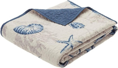 Madison Park Bayside Luxury Oversized Quilted Throw Ivory Navy Blue 60x70 Coasta-image
