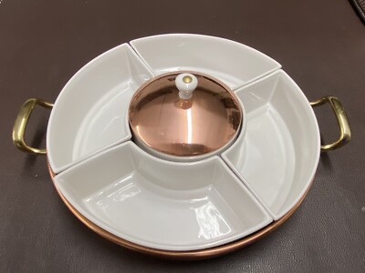 Revere Ware Shoppe 2.5 Qt Copper Dish Pan & Ceramic Ramekin Set Tray w/ Dip Lid-image