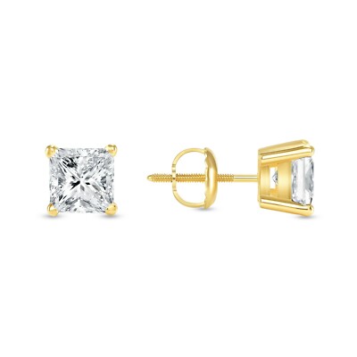 1.75 Ct Princess Cut Earrings Studs Solid 18K Yellow Gold Screw Back Basket-image