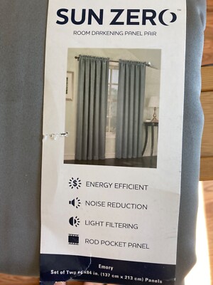 SUN ZERO ROOM DARKENING CURTAINS DRAPES EMORY GRAY 54” X 84” LENGTH 2 PANELS-image