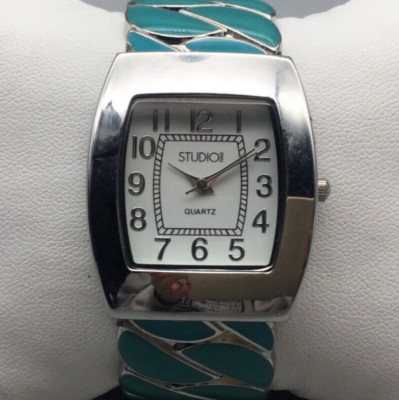 Studio Time Watch Women 32mm Silver Tone Green Enamel Open Cuff New Battery-image