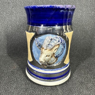 Studio Art Pottery Ram Stein Tankard Mug Vintage 1974 Signed Silver Blue-image