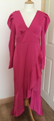 UKL Nasty Gal Hot Pink Fuschia Satin Hi-Low Frill Dip Hem Maxi Dress BNWT-image