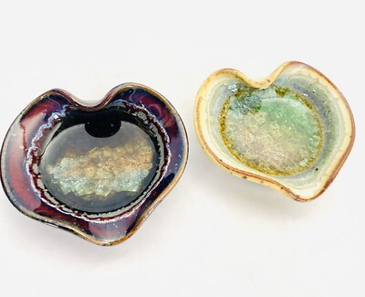 Pair Of Art Studio Pottery Heart Shaped Trinket Dish with Crystalline Glaze-image