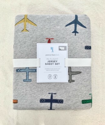 Pottery barn kids Jersey knit In Flight Sheet Set Twin Air Plane Grey Blue Soft-image