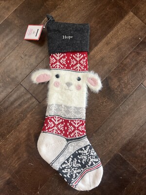 NWT POTTERY BARN Kids Fair Isle Knit Red Lamb CHRISTMAS STOCKING Mono Hope-image