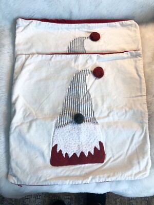 Pottery Barn Gnome Pom Pom Pillow Covers 18”x18” Red Velour Back Lot of 2 FLAW-image
