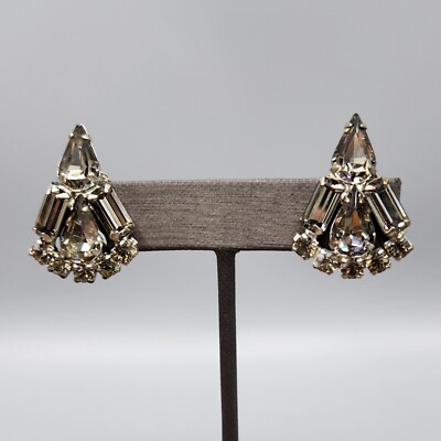 1960s Weiss Smoke Gray Pear Baguette Rhinestone Pie Wedge Clip Earrings-image