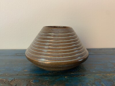 Studio Pottery Vase Swirl Brown Blue Cone UFO Shaped Artist Signed Vintage OOAK-image