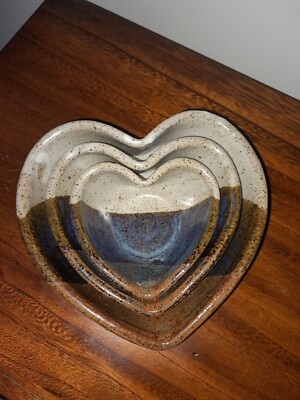 Jepson Studios 3 Handmade Heart Shaped Nesting Bowls  Pottery Blue Earth Tones -image