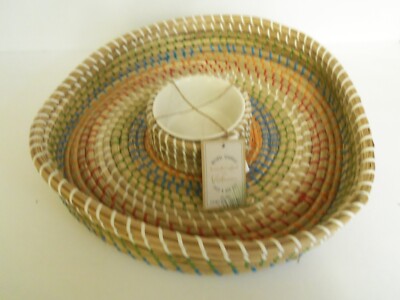 Natural Sea Grass Chip& Dip Set w/Ceramic Bowl Weaved Basket Handcrafted Vietnam-image