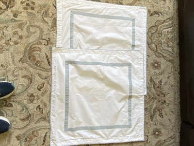 Set of 2 Pottery Barn Morgan Euro Shams White/Eucalyptus Banded  Gorgeous!!-image