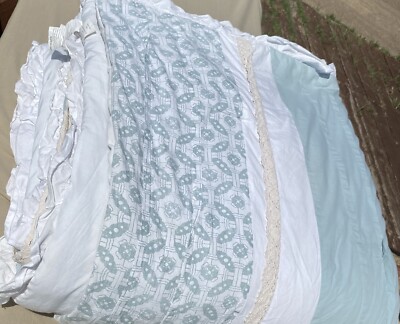 Madison Park Blue Ivory King COTTON Comforter With Accent Lace VGUC-image