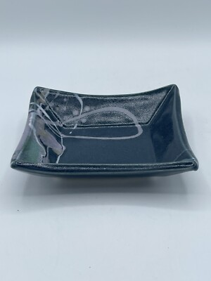 Studio Art Pottery Abstract Design Square Trinket Dish Artist Signed 5” Blue-image