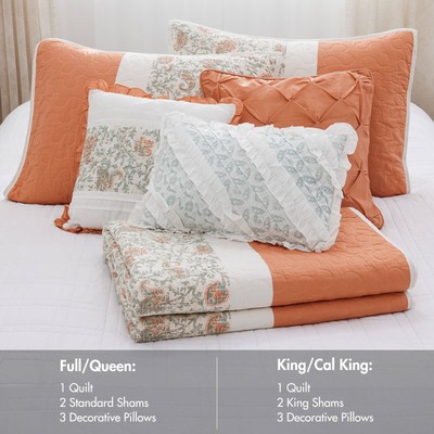 6 Piece Cotton Percale Quilt Set with Throw Pillows Coral King/Cal King-image