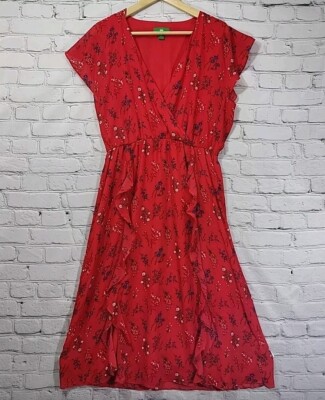 Dip Dress Womens Sz L Red Feminine Floral A-Line Flutter Sleeves Midi Surplice -image