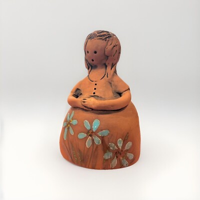 Studio Art Pottery  Bell-Shaped Girl w/Glazed Blue Flowers - Artist Signed-image