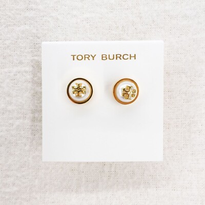 Tory Burch Melodie Pearl Logo Stud Dome Earrings White/Gold OS-image