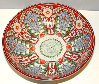 POTTERY BARN Pasta Noodle BOWL Brick Red Green Blue Floral Flowers Flower 7.5