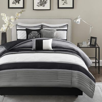 Madison Park 7 Piece Faux Silk Pieced Elegant Comforter Set Queen King Size Bed-image