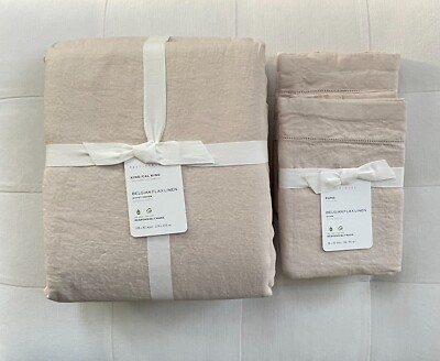 Pottery Barn BELGIAN FLAX LINEN Duvet King/Cal King & 2 Euro Shams Rosewater NWT-image