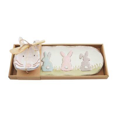 Mud Pie Home Easter Bunny Trio Serving Tray and Rabbit Dip Cup Stoneware Set-image