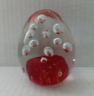 Paperweight Egg Shaped Red With Bubbles Blown Art Glass Studio Valentine Gift-image