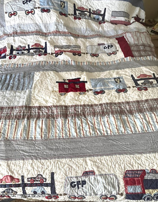 Pottery Barn Kids FULL QUEEN Quilt Vintage Patchwork TRAIN Embroidered 86 x 86-image