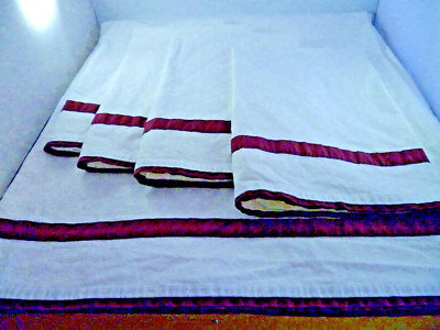 5 PCS POTTERY BARN MORGAN BANDED QUEEN FLAT SHEET 4 PILLOW CASES WHITE BURGUNDY-image