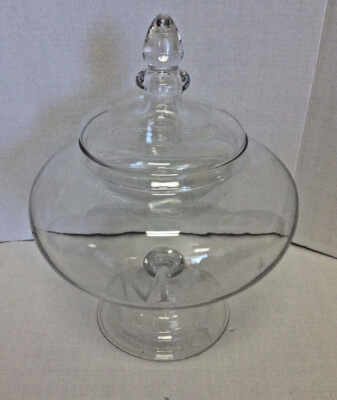 Pottery Barn Voluminous Storage Canister Jar Glass Etched M Small Lid Kitchen-image