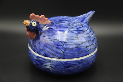DENNIS DWYER Australian Studio Pottery Blue Chicken Shaped Covered Egg Dish-image