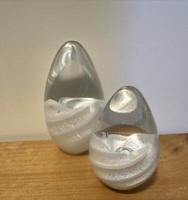 TWO (2) GES Glass Eye Studio Art Glass Egg Shaped Paperweight Glitter 3” & 2”.-image