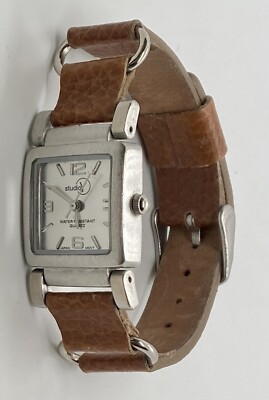 STUDIO Y Ladies Watch New Battery Square Silver Dial Brown Strap Buckle Accents-image