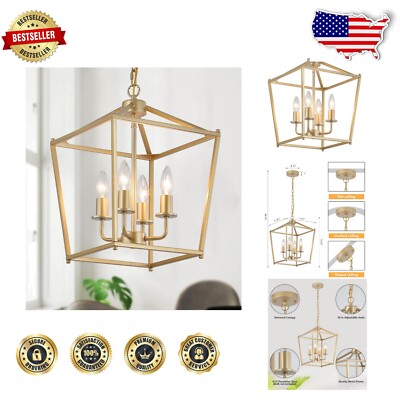 Industrial Gold Lantern Chandelier - Adjustable 4-Light Rustic Ceiling Fixture-image